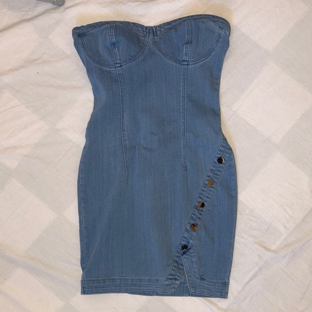 Iris Blue Strapless Button-Accent Dress